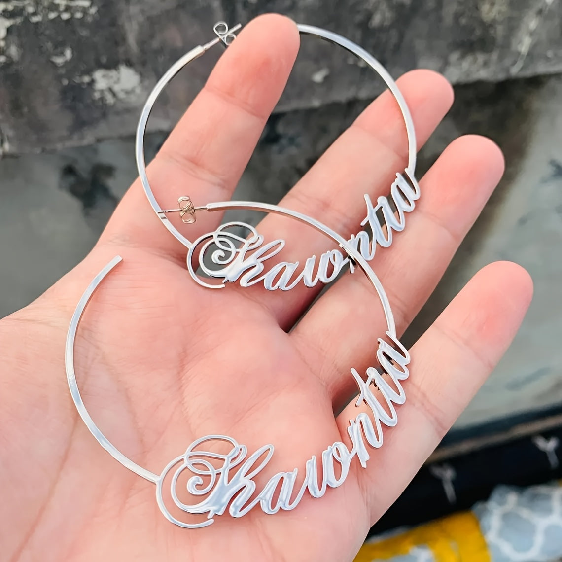 Stylish Name Earrings, 5cm Round Hoop Stainless Steel ID Tags, Chic Everyday Jewelry for Women, English Letters Only