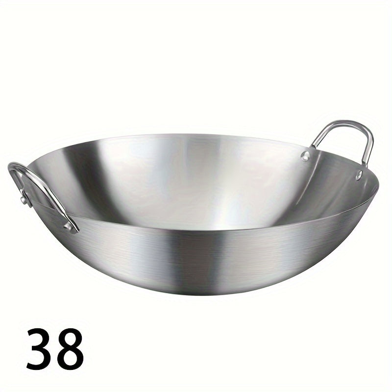 Stainless Steel Wok with Double Handles, 38.0cm Size, Heavy-duty Uncoated Pan for Restaurant-Style Cooking. Durable for Chef's Kitchen or Home Use, Easy to Clean and Food-Safe. Commercial Grade Quality.