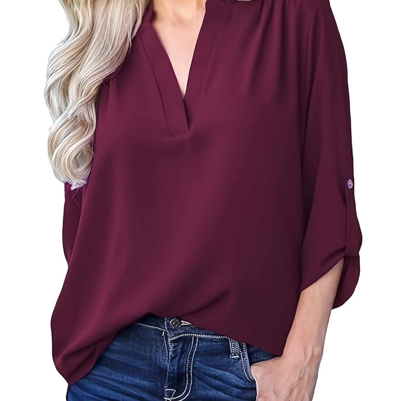 Elegant plus size V-neck blouse with roll-up sleeves in a solid color, machine washable, perfect for casual outings.