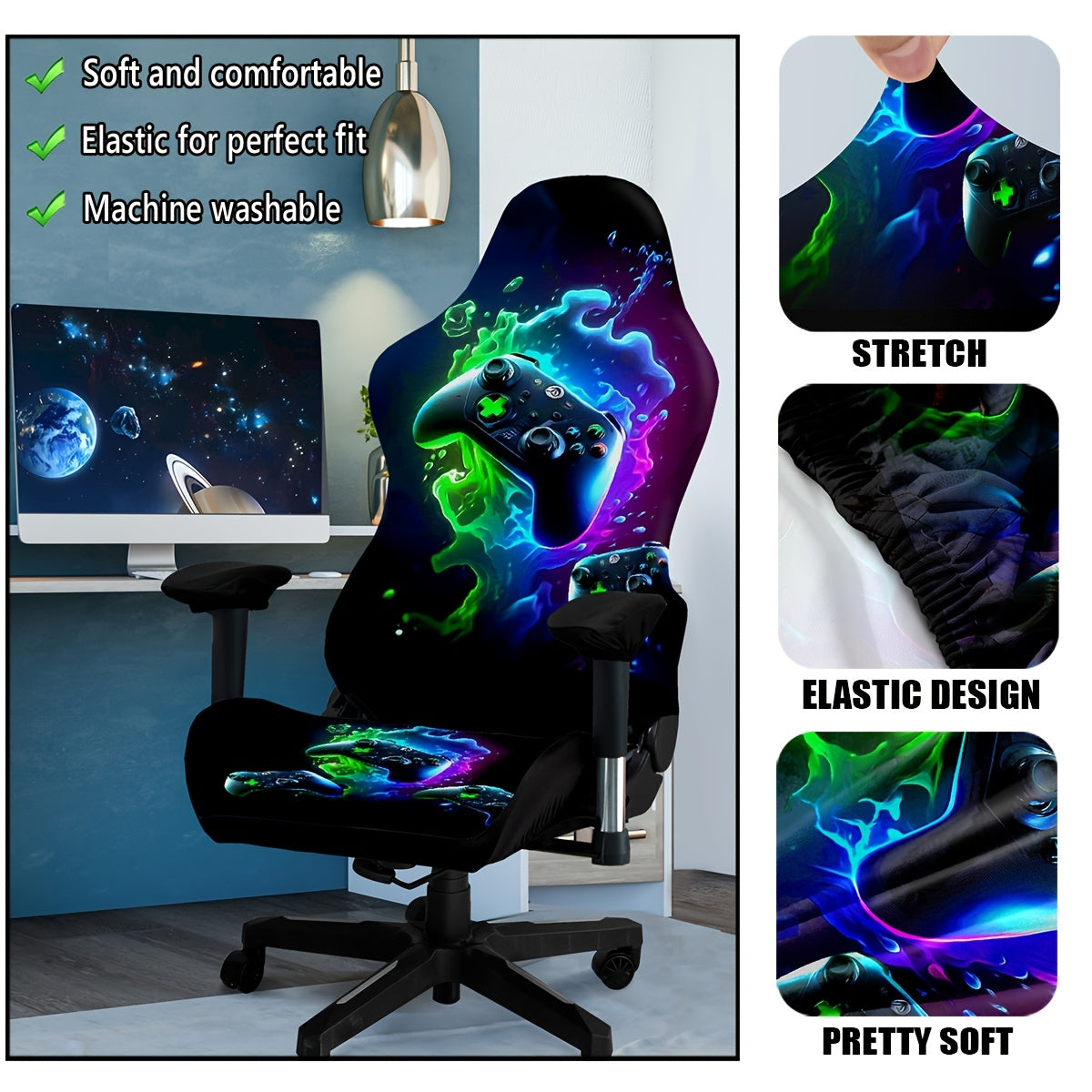 Modern gaming chair cover with high elasticity and unique digital print, made from a blend of polyester and spandex fabric. Washable and suitable for home and office decor.