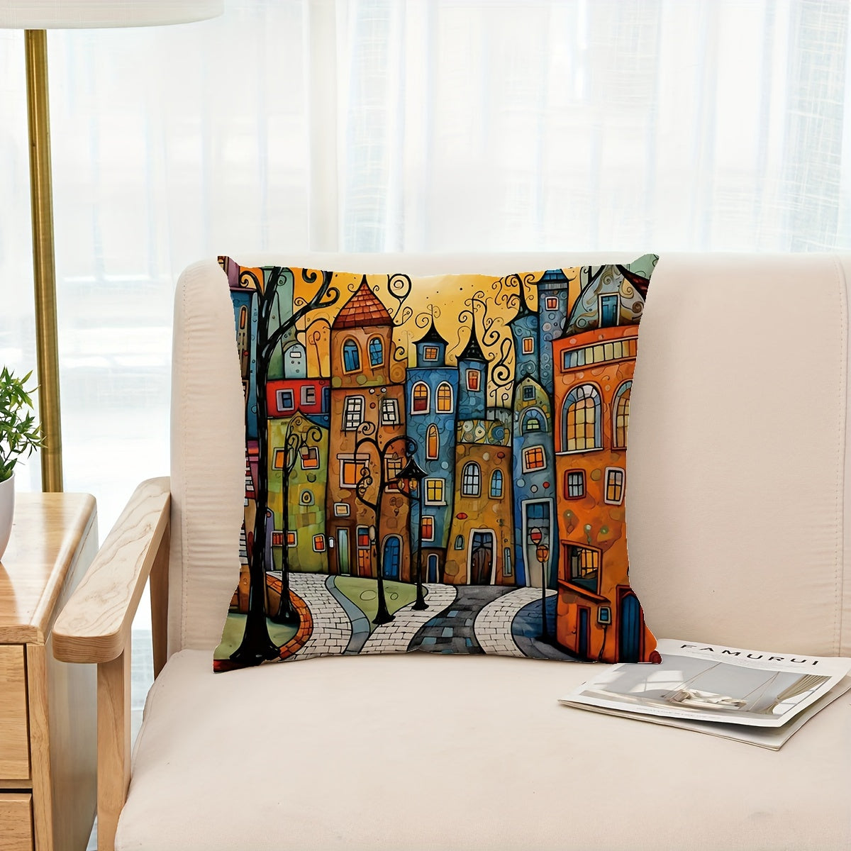 Single sided printed 1pc Street House Throw Pillowcase, 42.93cm*42.93cm, for sofa, living room, bedroom decoration. Pillow core not included.