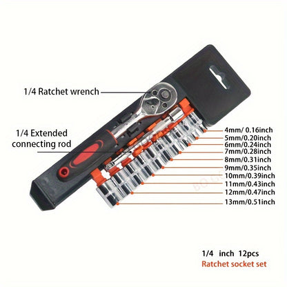 12pc 1/4-Inch Ratchet Wrench Set with 10pc Cr-V Metric Drive Sleeve (4-13mm), Quick Release Ratchet Handle & Extension Rod, Durable Steel Construction, Multi-Functional Socket Kit for DIY &