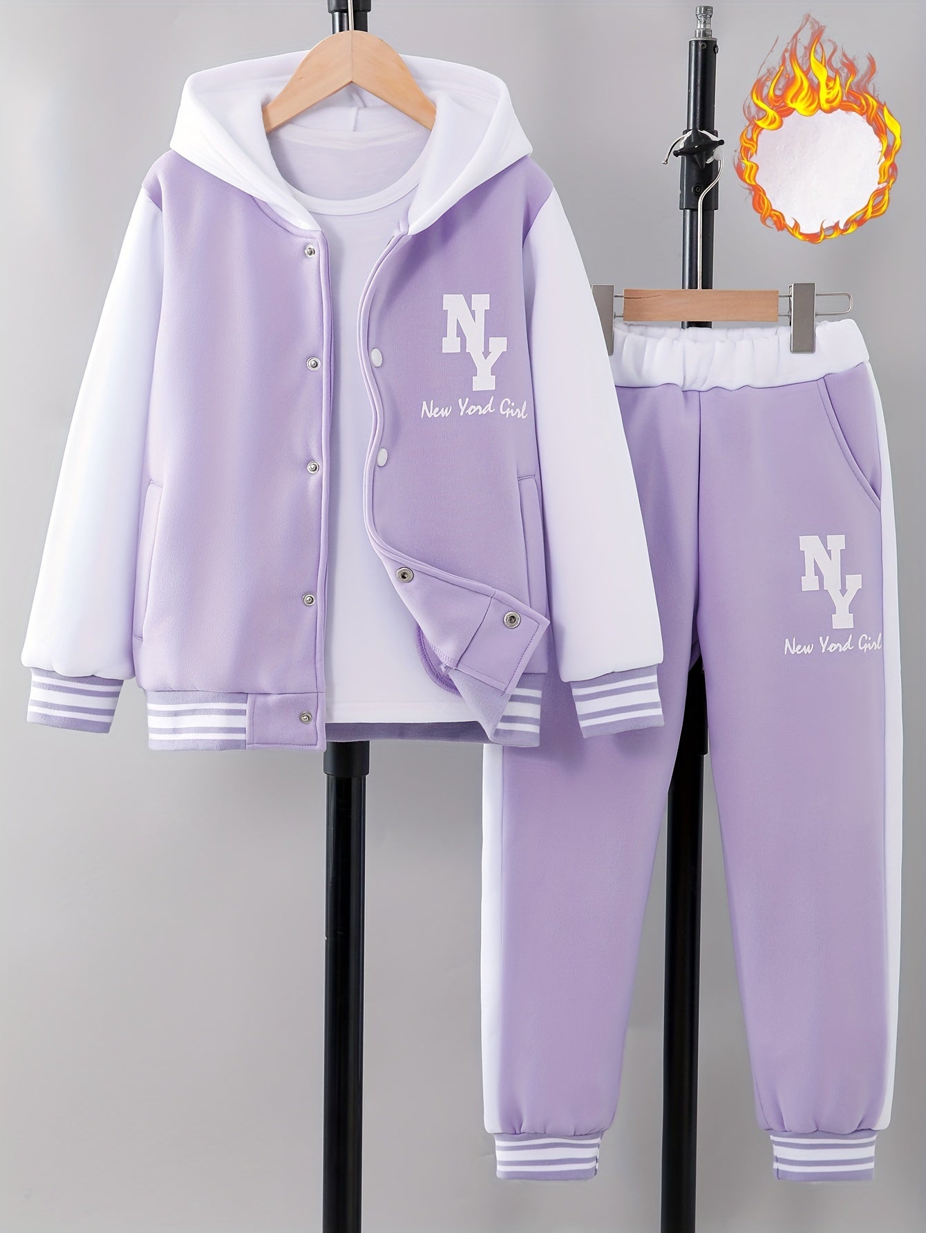 NY Letter Print Girl's Prep Outfit: Color Block Varsity Jacket + Sweatpants Set for Stylish Fall/Winter Wear