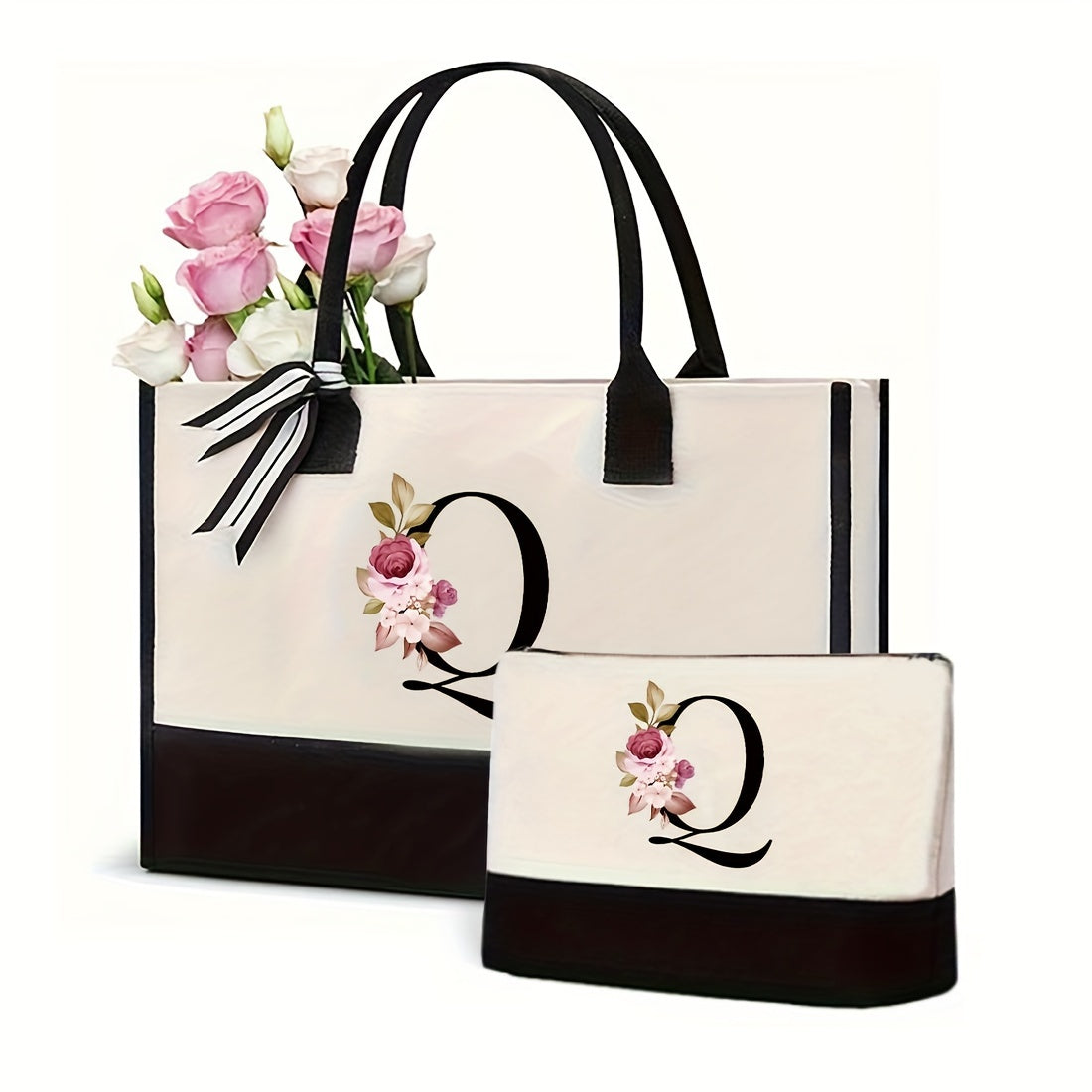 Simple letter handbag with canvas material and letter detail design. Large, versatile shopping bag that is perfect for office and work. Portable, lightweight shoulder bag for women.