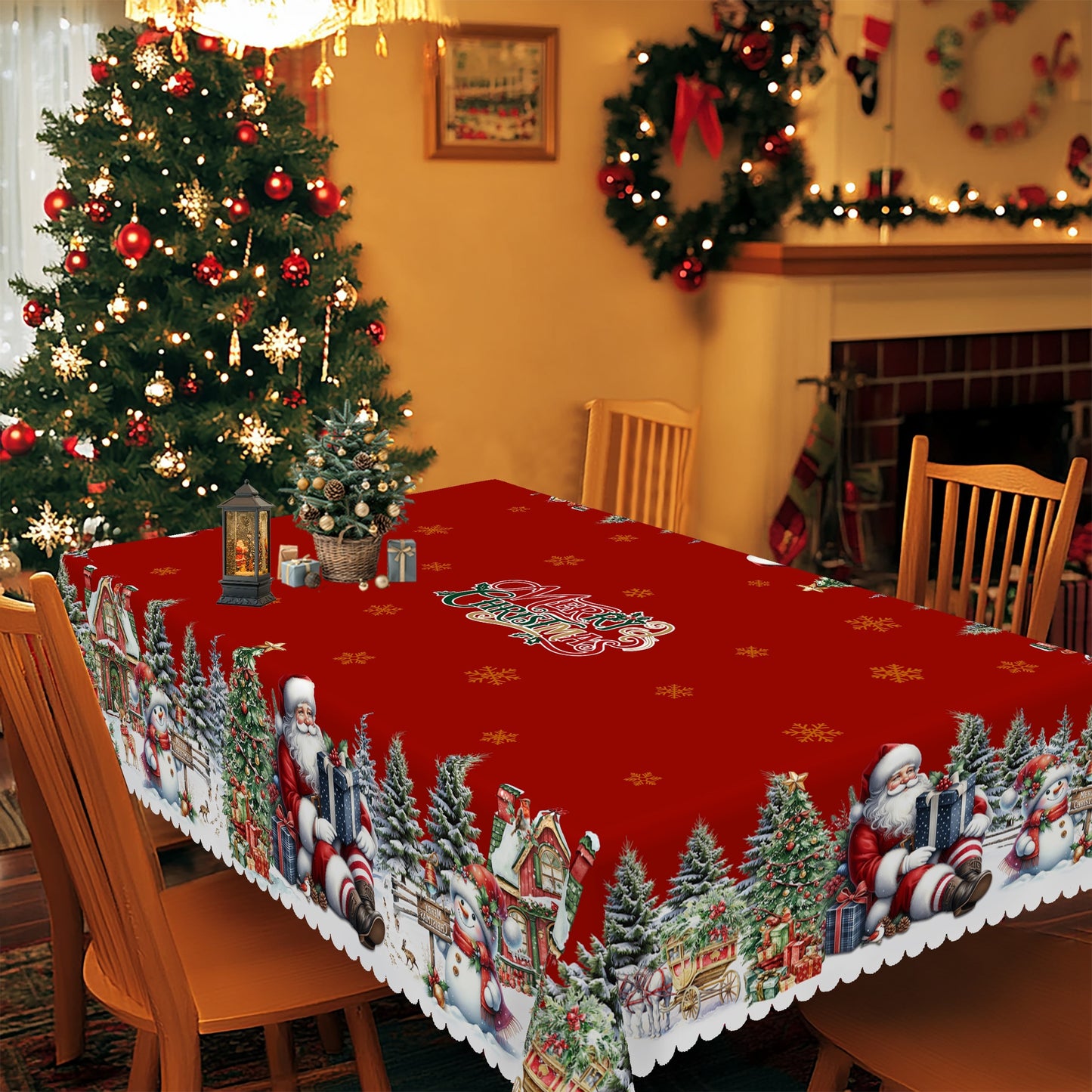 Get into the holiday spirit with our Christmas and New Year tablecloth featuring Santa Claus, Snowman, and Christmas Tree patterns. Made of durable polyester with edge embossed craft, available in 4 sizes for both round and rectangular tables. Perfect