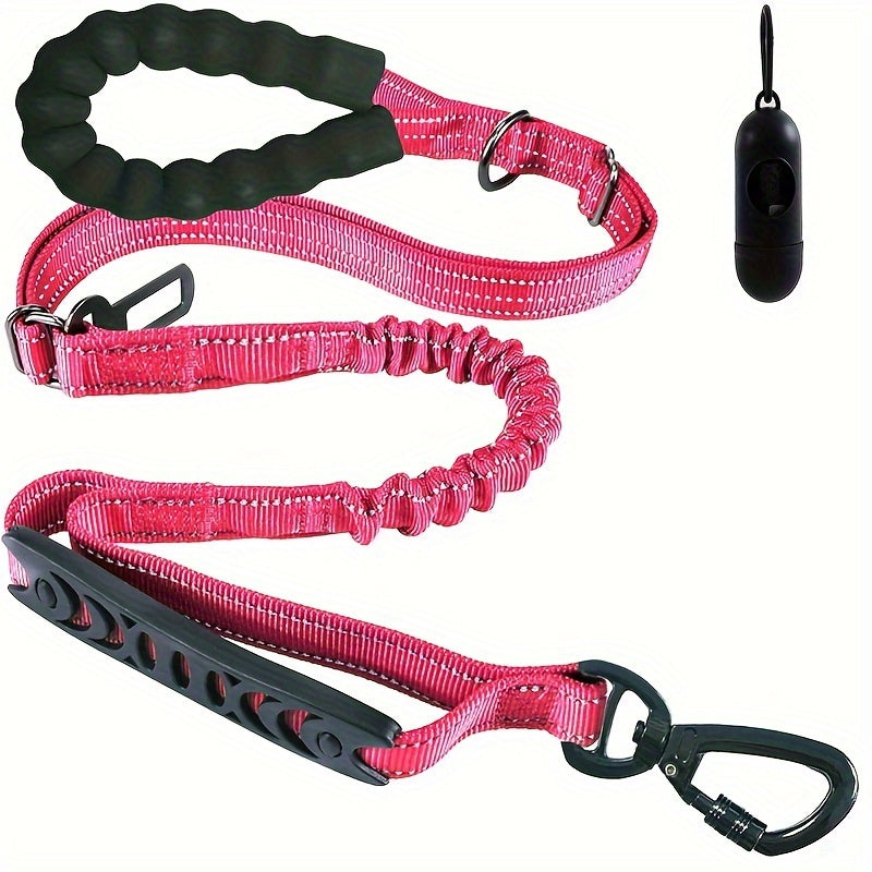 Bungee dog leash with 2 padded handles, reflective threads for medium to large dogs, 4-in-1 multifunctional design with car seat belt.