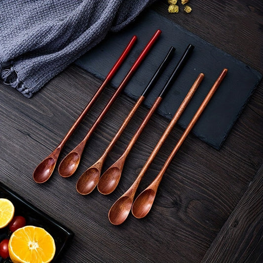 Long handle log coffee spoon set, including stirring spoon, honey spoon, small spoon, and wooden mouth spoon.