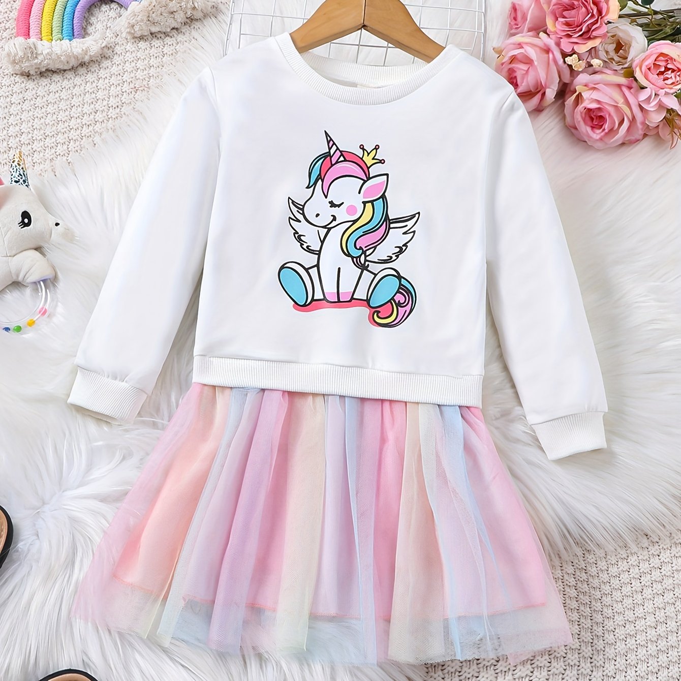 Rainbow tutu dress with unicorn print for girls, perfect for parties or vacations in spring or autumn.