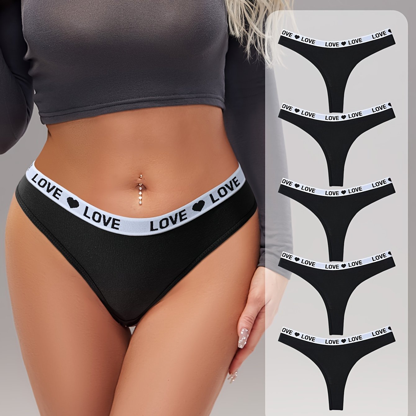 5 pairs of letter print color block thongs, sexy and comfortable breathable stretchy panties for women.