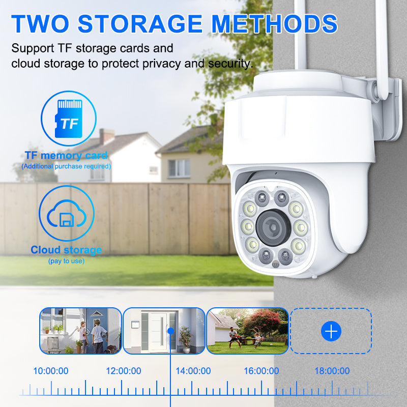 A high-quality wireless outdoor security camera for home protection, featuring 1080p HD resolution, full color night vision, two-way audio, smartphone app control, motion and audio alerts. This camera offers panoramic surveillance with 355° horizontal