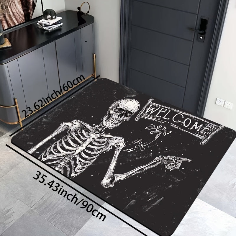 Skeleton Welcome Doormat - Machine Washable Polyester Flannel Indoor Mat with PVC Backing, Rectangle Textile Mat for Laundry, Bathroom, Kitchen, Living Room, Bedroom Entrance Decoration - Area Mat that is Washable