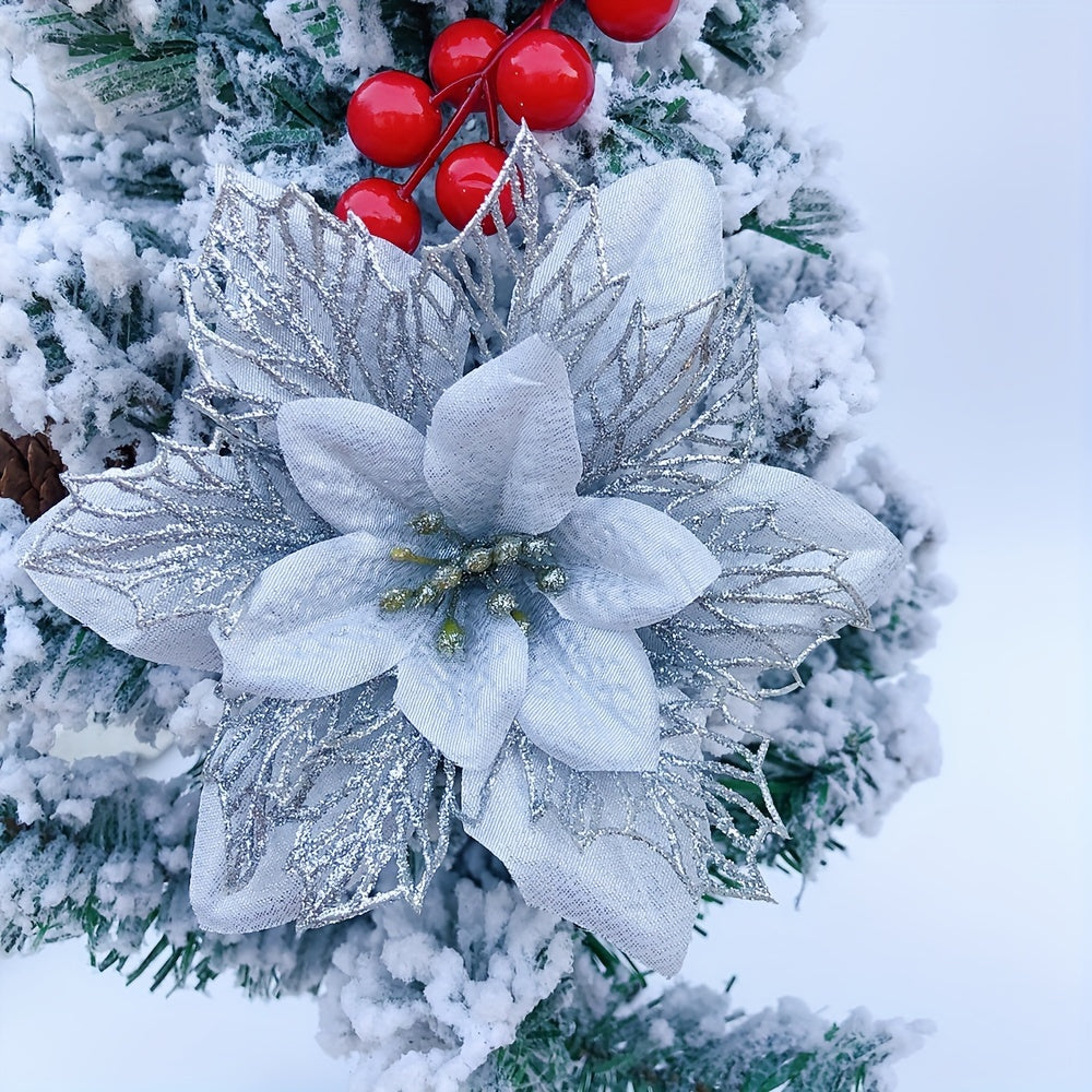 10pcs 15cm Christmas garland vine with three-layer multi-color hollow flowers, accented with gold powder.