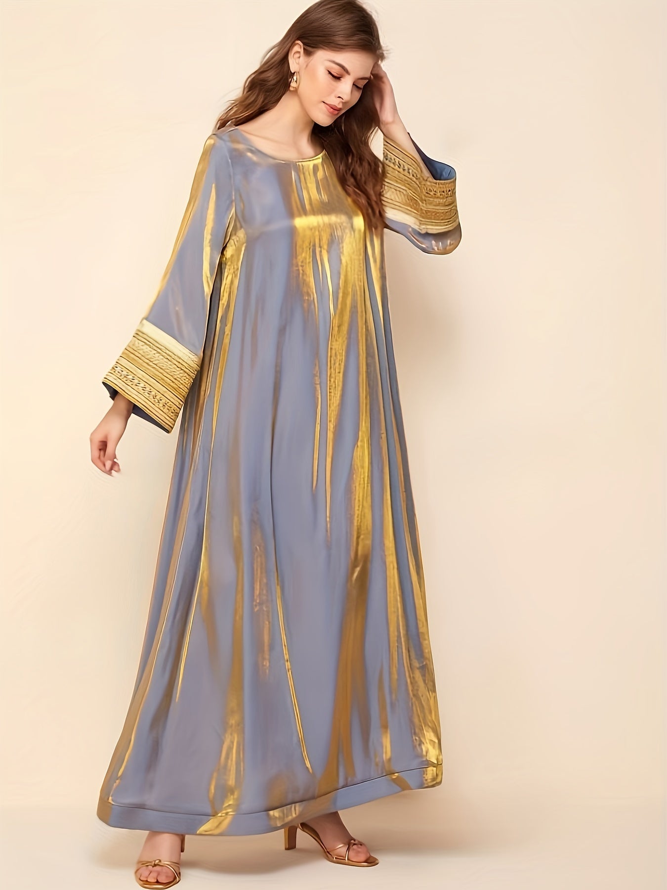 Lace trim crew neck kaftan dress with long sleeves and loose fit maxi silhouette for women.