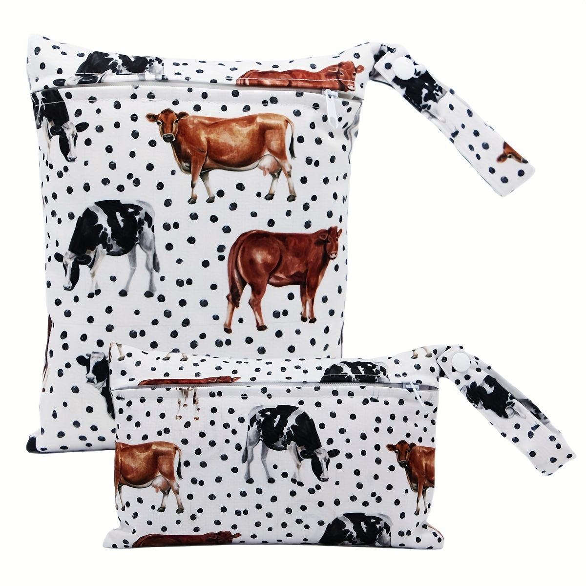 Set of 2 small waterproof wet bags with cow prints.