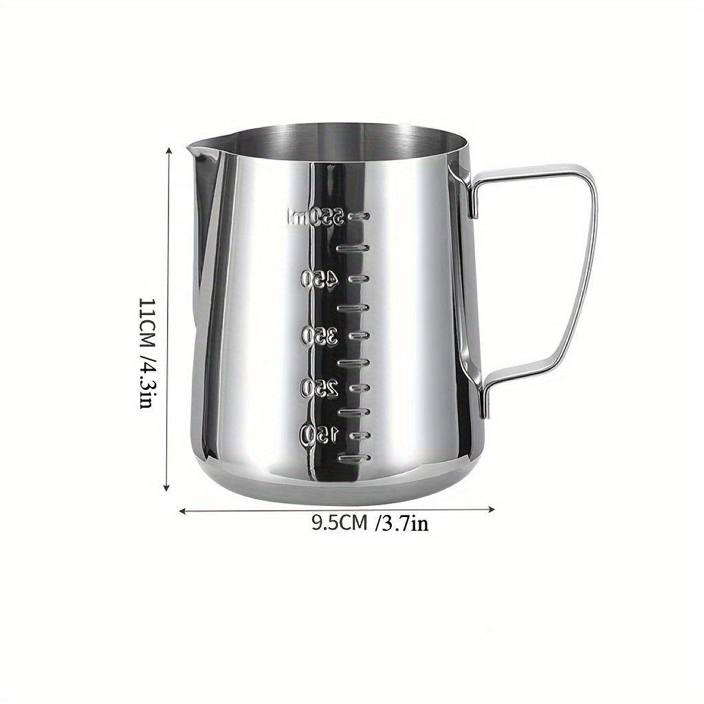 Stainless Steel Pull Flower Cup with scale, suitable for both household and commercial use. This milk frother cup comes in 350ml and 600ml sizes, perfect for Italian coffee and espresso makers. Get the perfect froth every time with this high-quality