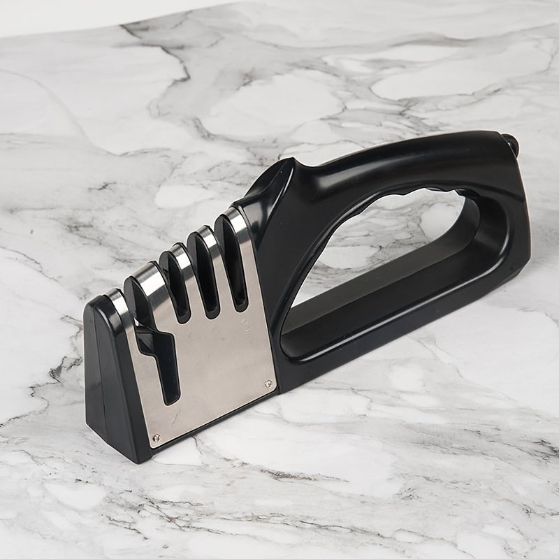 This durable plastic Multi-Stage Sharpener is a 4-Level Manual Knife and Scissor Sharpener that does not require electricity. It is a reusable and multifunctional sharpening tool ideal for use in commercial settings, homes, schools, and RVs.