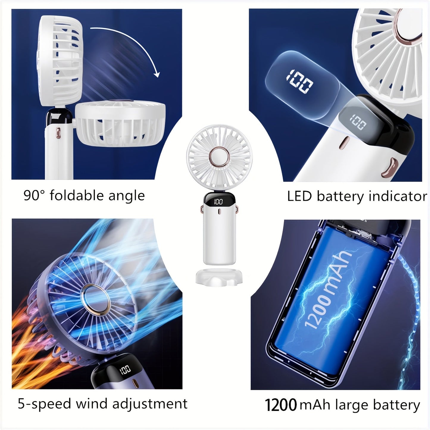 Compact USB Mini Fan with 5 Speeds and Battery Indicator - Great for Work, School, and Outdoor Adventures