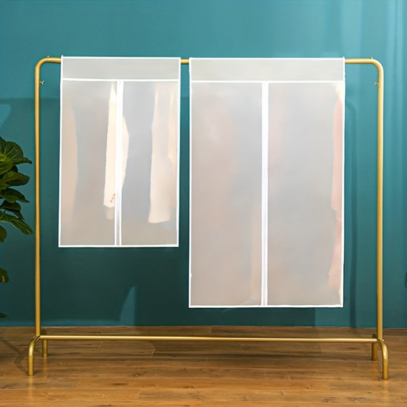 Foldable, transparent wardrobe bag for dustproof protection of hanging clothes.