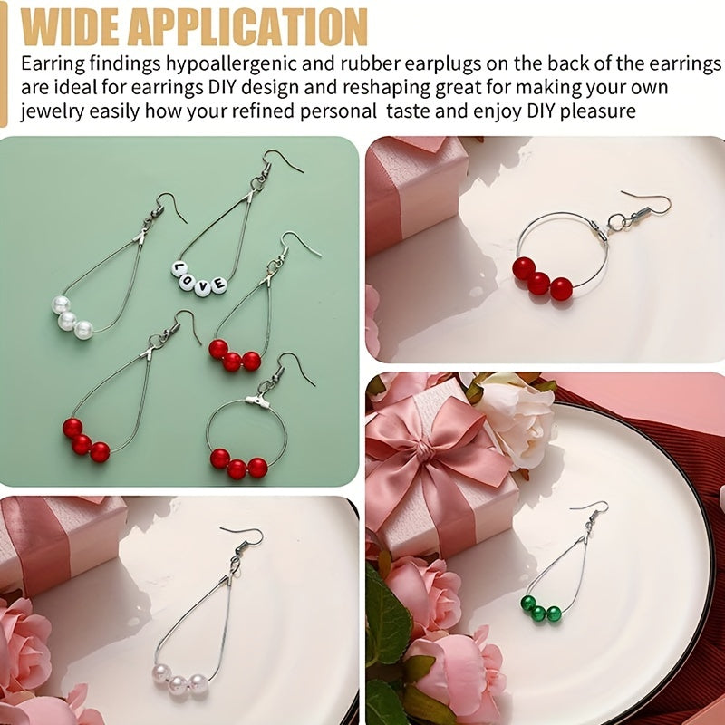 This listing includes a set of 400 earring making kits, featuring 100 earring hooks, 100 open jump rings, 100 earring backs, 100 teardrop and round beads, and circular earring supplies in silvery color. With pliers included as a gift, this set is perfect