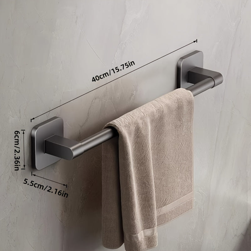 Wall-mounted towel rack for bathroom made of durable space aluminum and plastic. Easy installation with no drilling required. Single rod design for organizing towels.