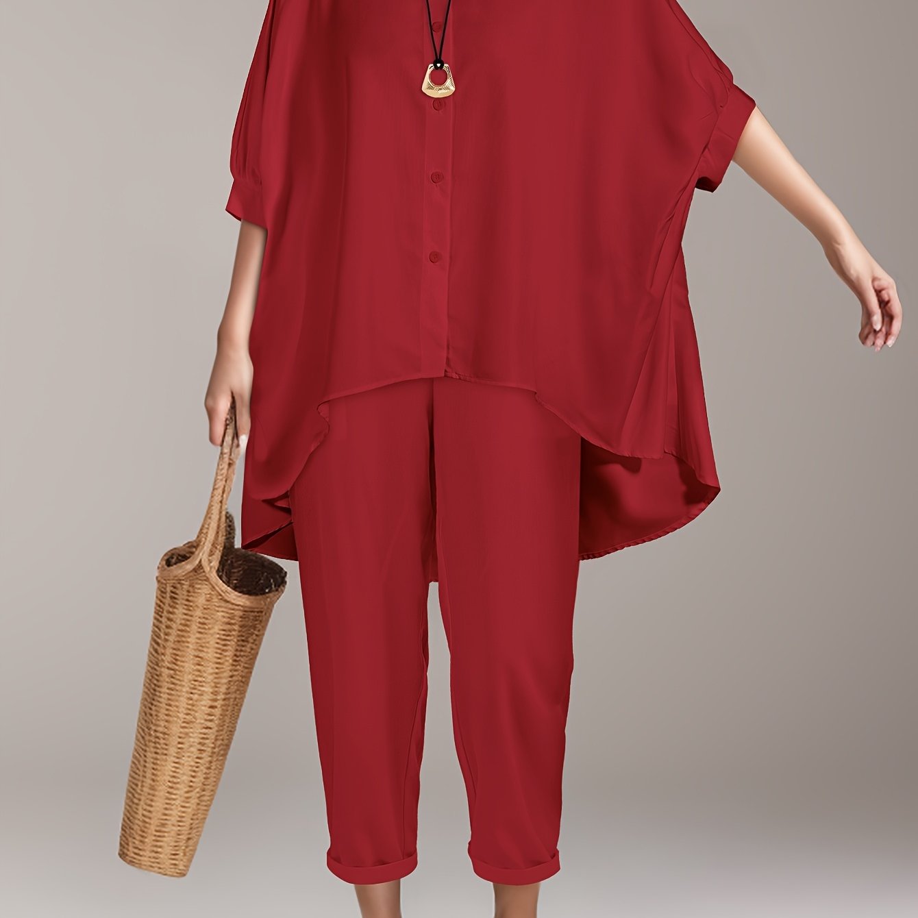 Polyester women's beach shirt set with batwing sleeves and asymmetrical hem - machine washable.