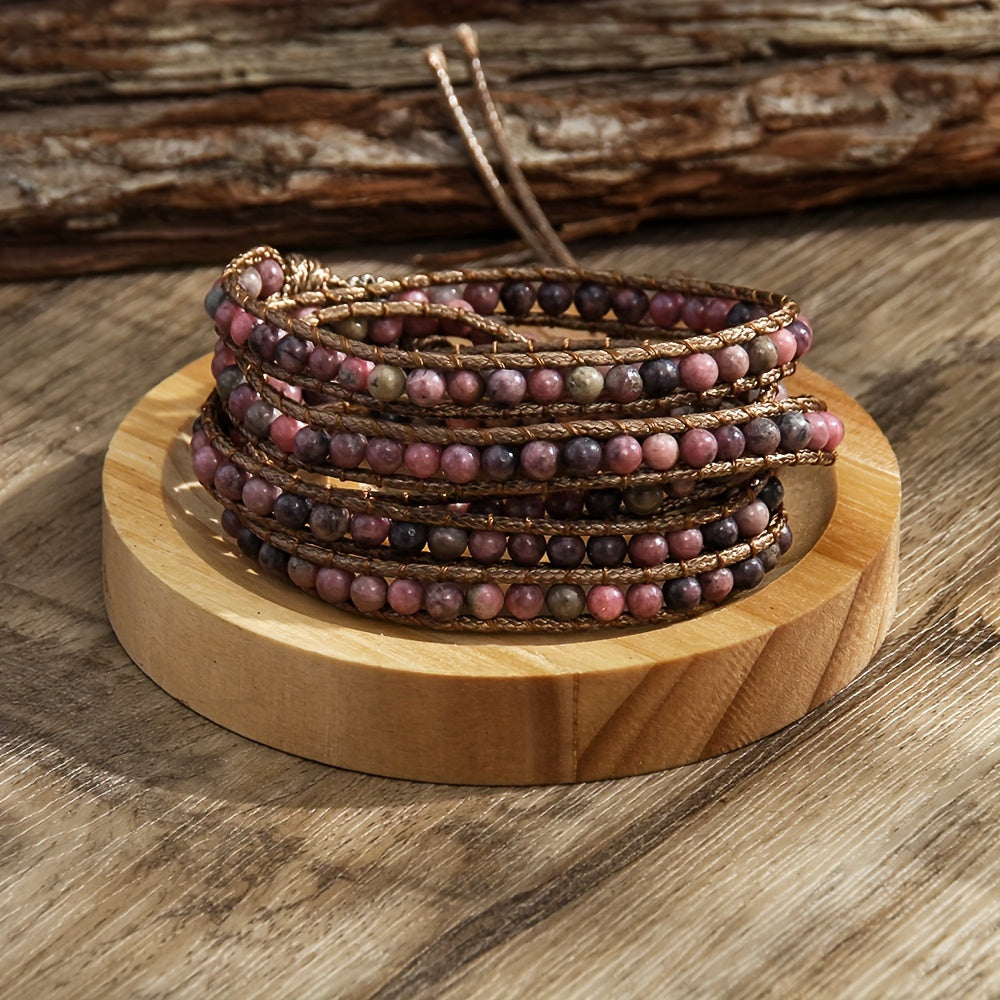 Women's Bracelet with a Bohemian Style, Waxed Cord Braid and Adjustable 5 Rows Wrap