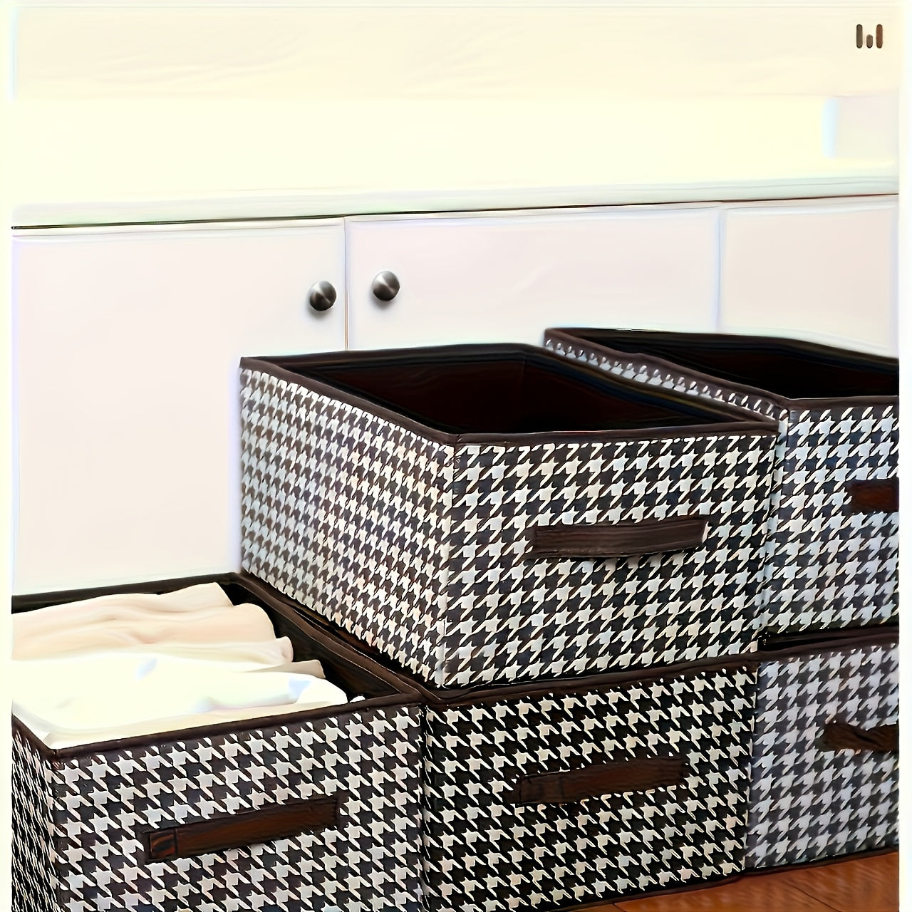 6 large folding storage bins in houndstooth fabric for clothes, toys, and trunk organization.