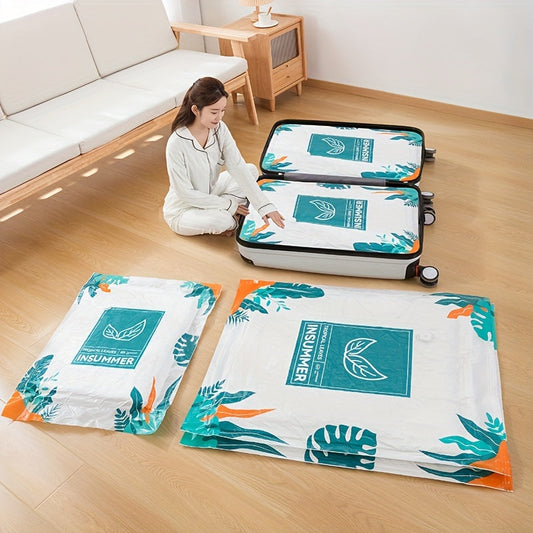 3-Pack of Heart Leaf Vacuum Storage Bags featuring a tropical leaf design. These plastic space saver bags are ideal for storing comforters, blankets, bedding, and clothing without the need for power. Also suitable for organizing accessories.