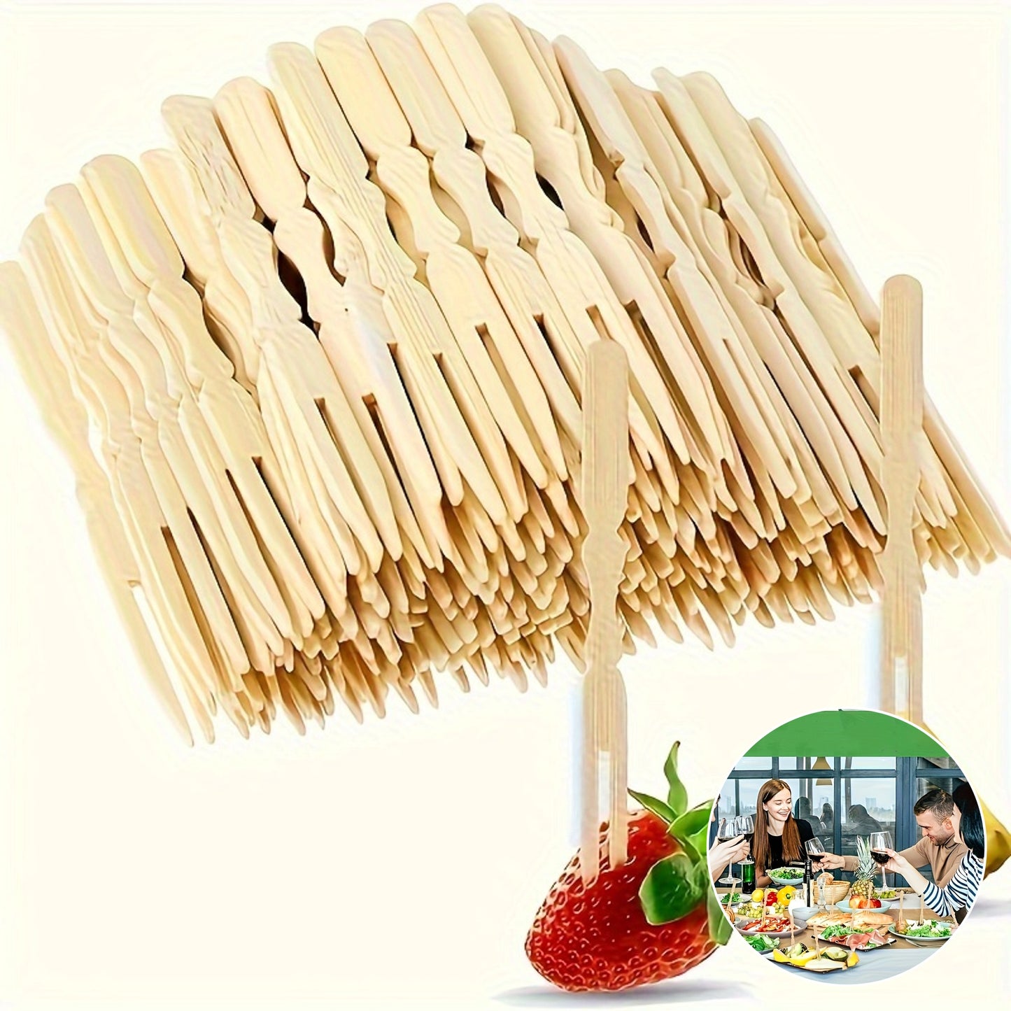 100/200pcs Mini Bamboo Cocktail Forks for appetizers, fruits, pastries, and desserts. 8.89cm in length.