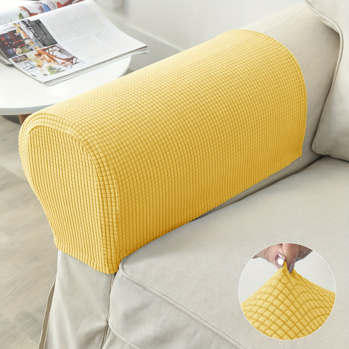 Stretch sofa arm covers made of 5% spandex and 95% polyester blend. Machine washable with snug fit for home and hotel use. Available in multiple colors. Ideal for hotel sofa accessories.