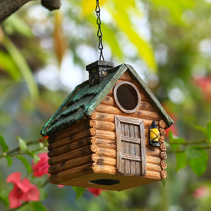 Wooden birdhouse with LED lights, ABS resin crafted, outdoor garden decor, winter nest for birds, hanging ornament.