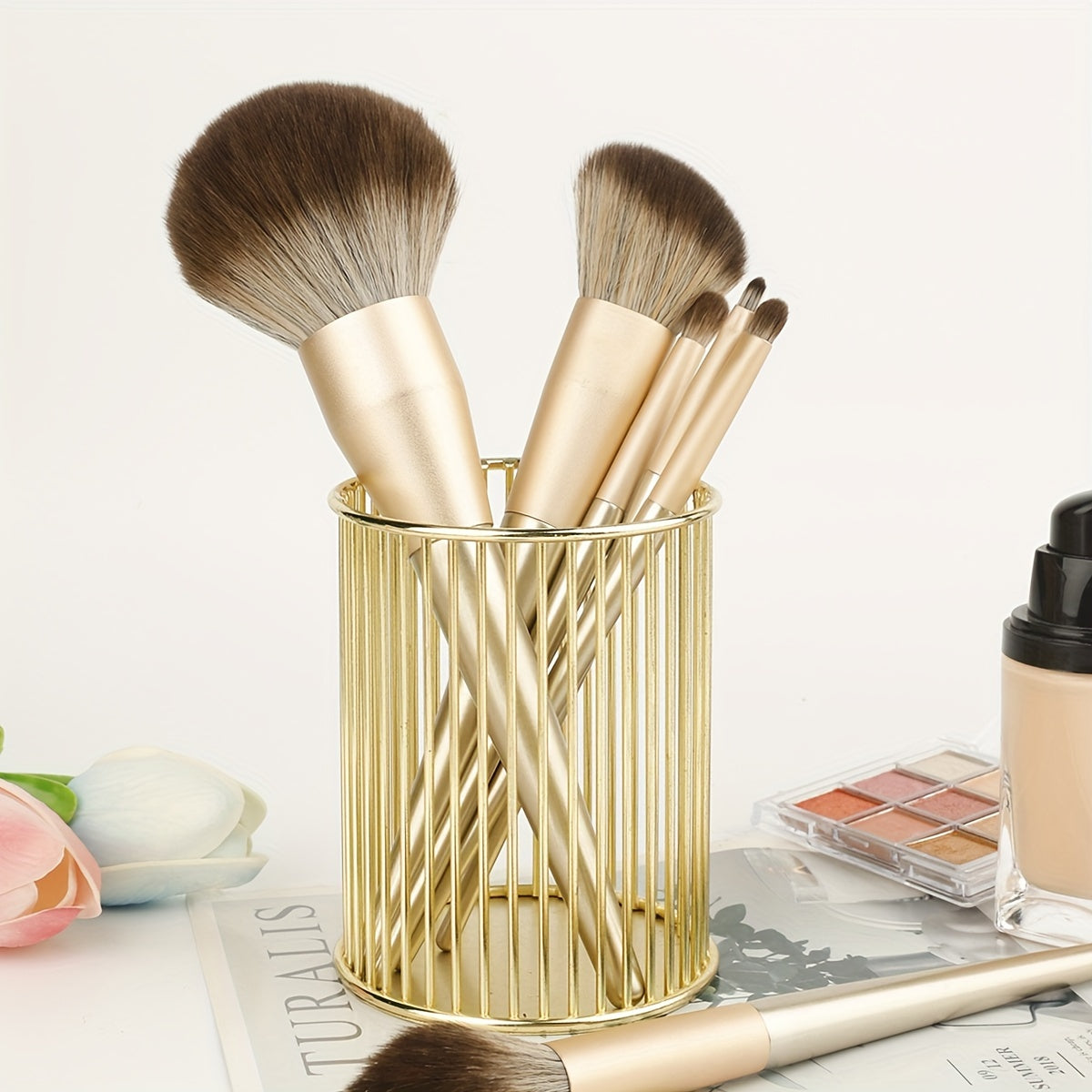 Golden Iron Makeup Brush Holder with Polished Finish, Rust Resistant, Multi-functional Desktop Organizer