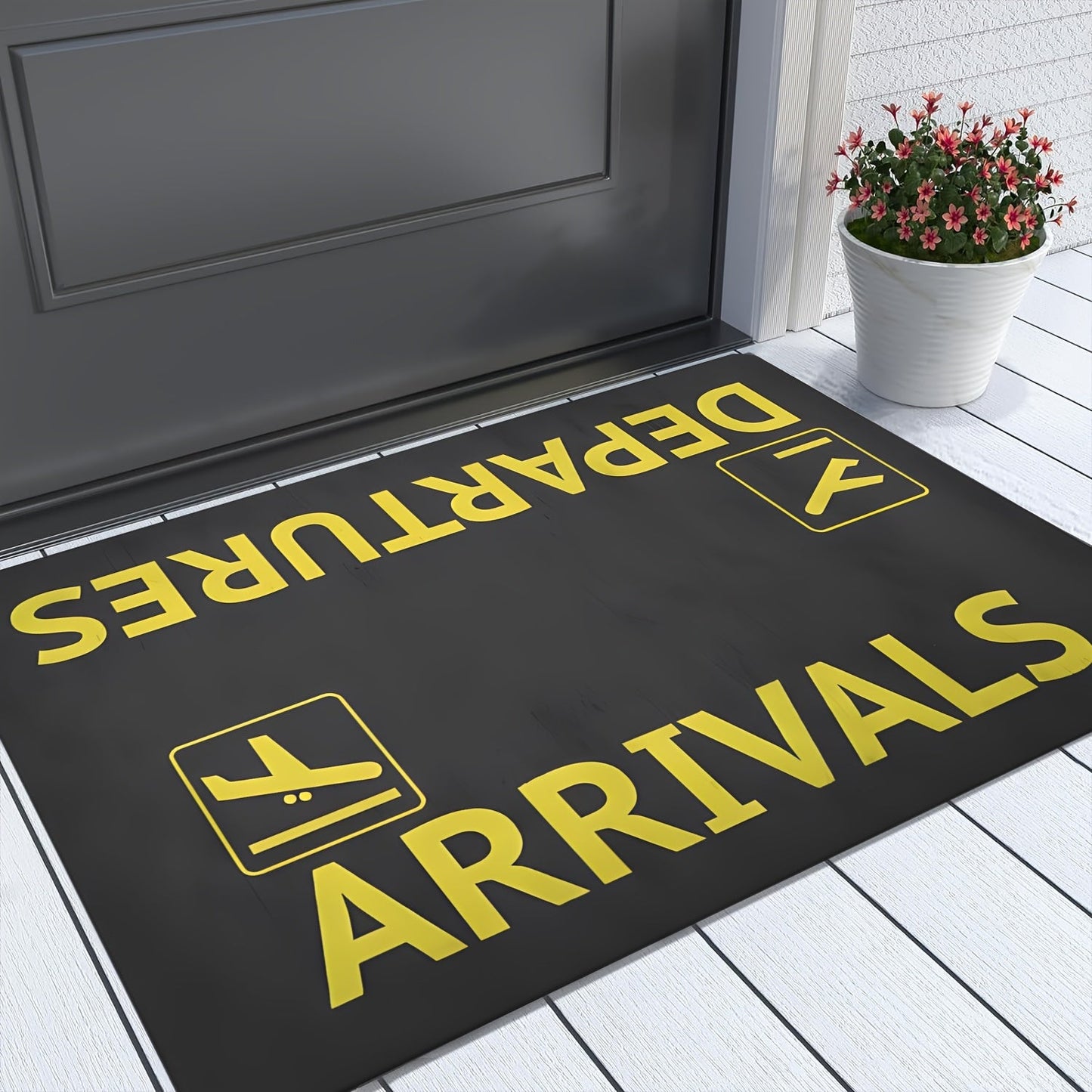 Chic Airport-Inspired Door Mat featuring Non-Slip Backing - Highly Absorbent, Easy to Clean Rug for Bedroom, Kitchen, Home Balcony & Indoor Entryway - Modern Black with Yellow Airplane Symbol Design