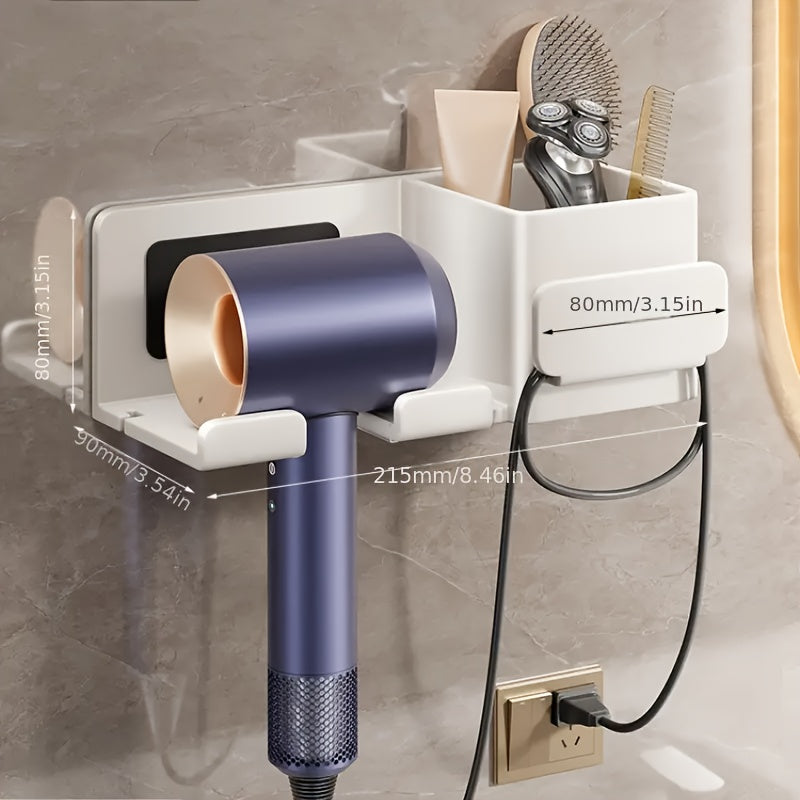 Durable Plastic Wall-Mounted Hair Dryer Holder with Storage - Space-Saving Design, No Electricity Required, Ideal Bathroom Accessory