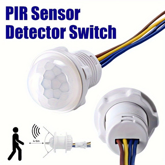 Motion sensor switch for easy installation, 220V, auto on/off light control, suitable for home and industrial use, white color, detects human body with infrared motion sensor.