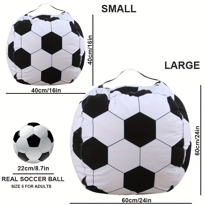 Large soccer ball bean bag chair cover with stuffed sloth plush toy included. Made of polyester material, foldable and hand washable. Can be used as a multipurpose room decor for teen boys. No electricity or batteries required.