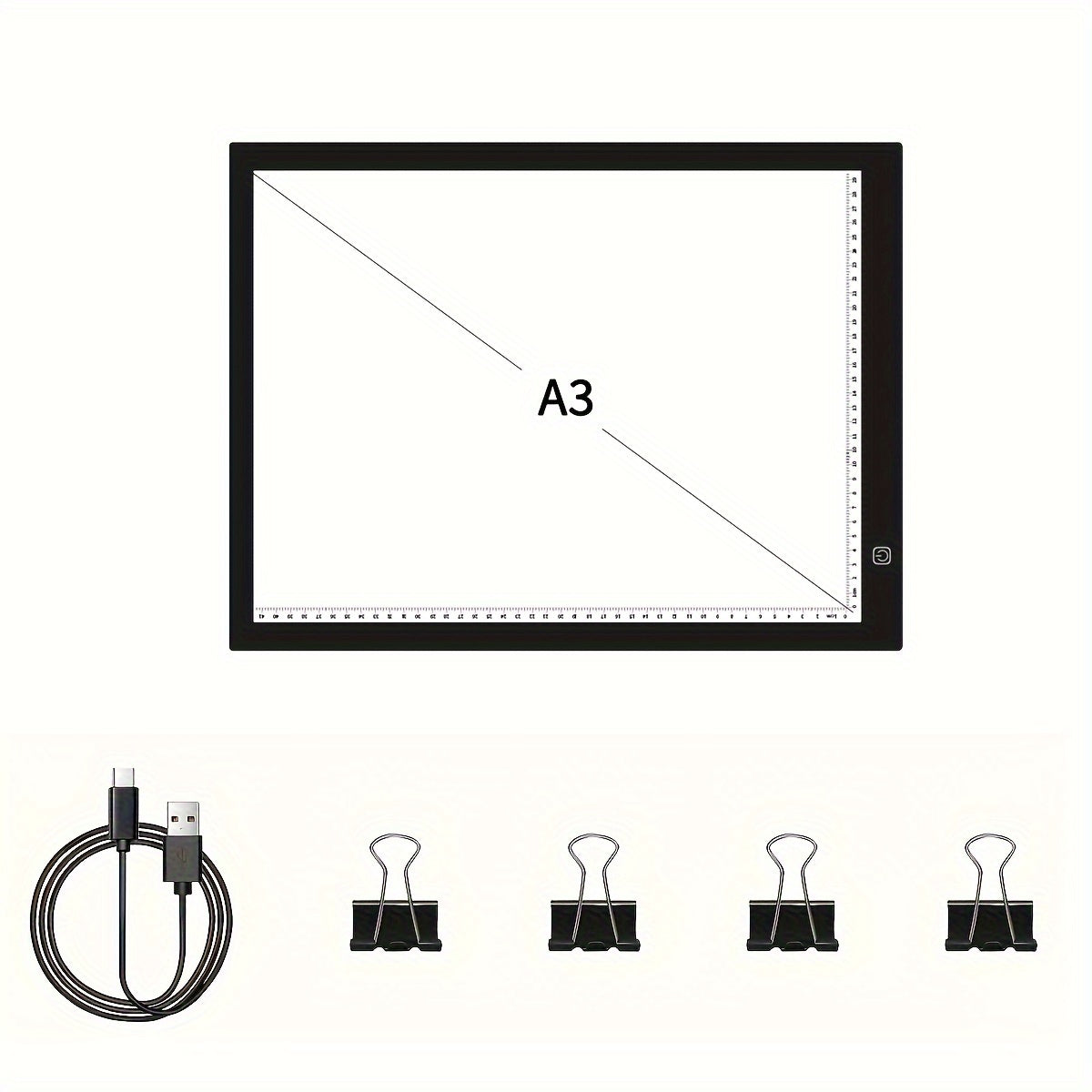 LED light pad for diamond painting with 3 brightness levels, USB cable, and 4 fasten clips. Great for sketching, animation, drawing, and diamond painting supplies.