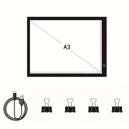 LED light pad for diamond painting with 3 brightness levels, USB cable, and 4 fasten clips. Great for sketching, animation, drawing, and diamond painting supplies.