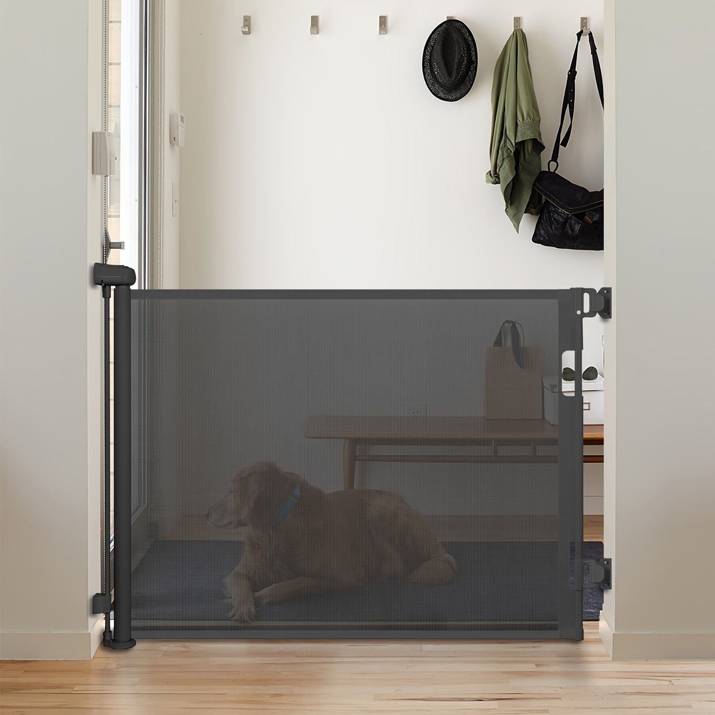 Indoor pet gate made of mesh, suitable for doorways, stairs, and hallways for indoor safety.