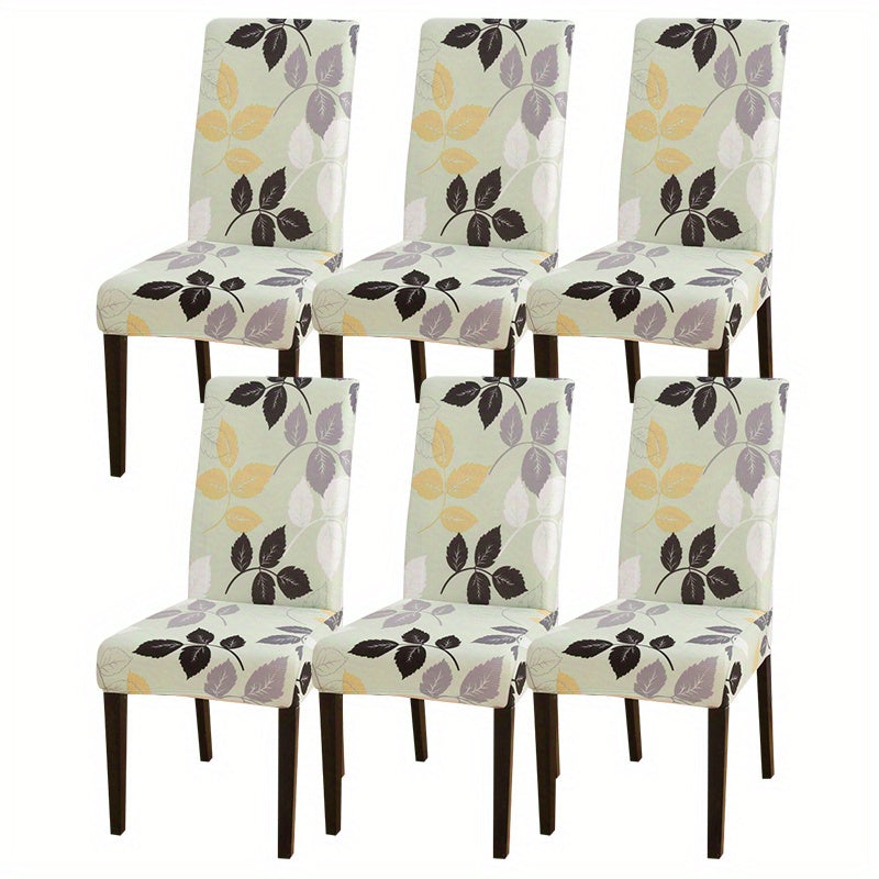 Printed stretch chair slipcovers in 4 or 6 pieces, ideal for dining chairs in various settings.