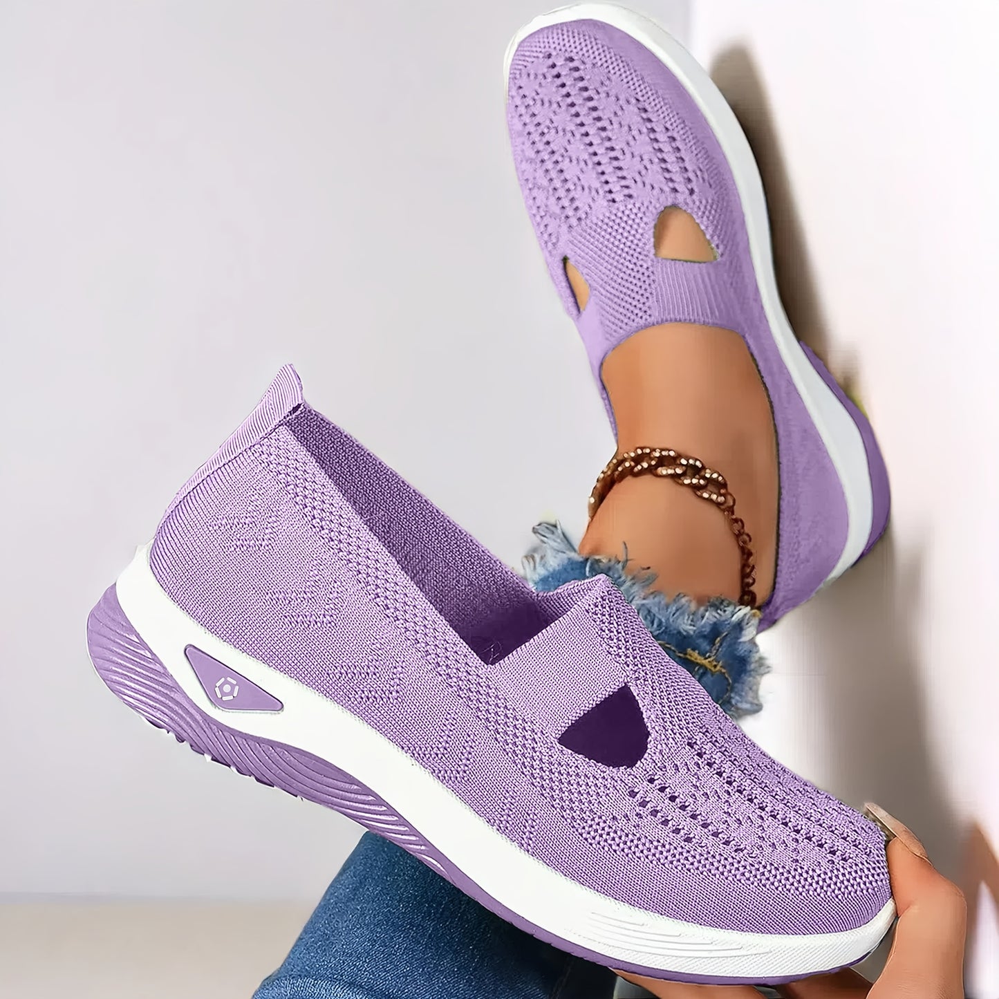 Lightweight and stylish knit sneakers for women in red, beige, green, blue, black, and purple. Features a cut-out design for breathability and a flexible sole for all-season wear.