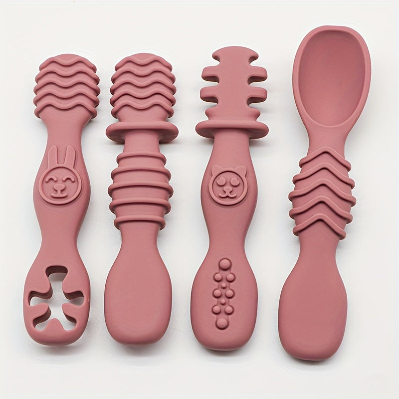 4-piece silicone spoon set for children 6+ months, chewable and soft-tipped, BPA-free and dishwasher safe