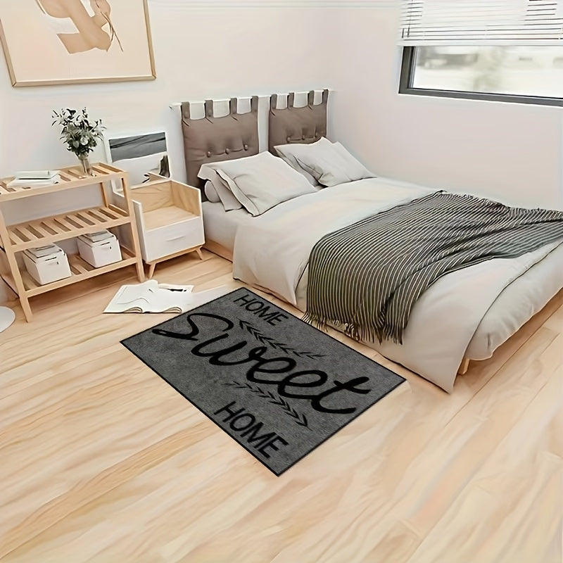 Machine washable Sweet Home Welcome doormat made of polyester. Suitable for indoor and outdoor use, this entrance mat is perfect for home, living room, kitchen, bedroom, farmhouse, hallway, and laundry room carpet.