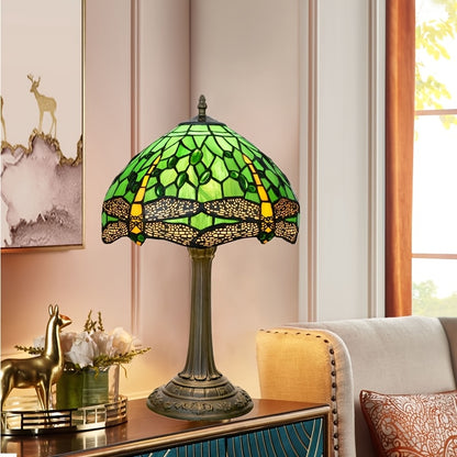 Handmade 12-inch glass desk lamp with green dragonfly pagoda shade and antique metal finish. Includes switch and 220-240V European plug. Perfect cozy bedside table lamp for various rooms in retro European countryside style. A creative gift idea.