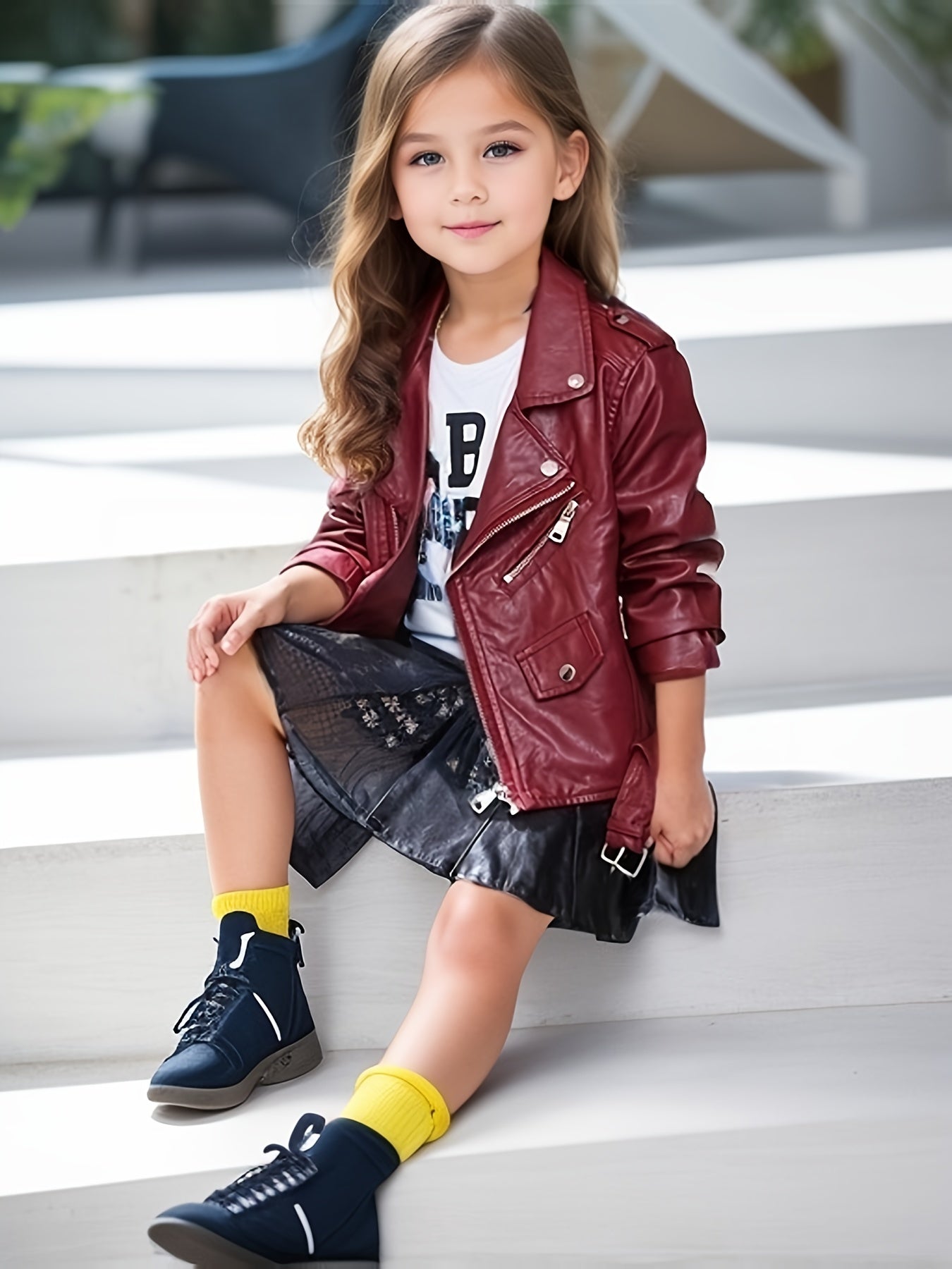 Stylish PU leather motorcycle jacket for girls, perfect for fall/winter