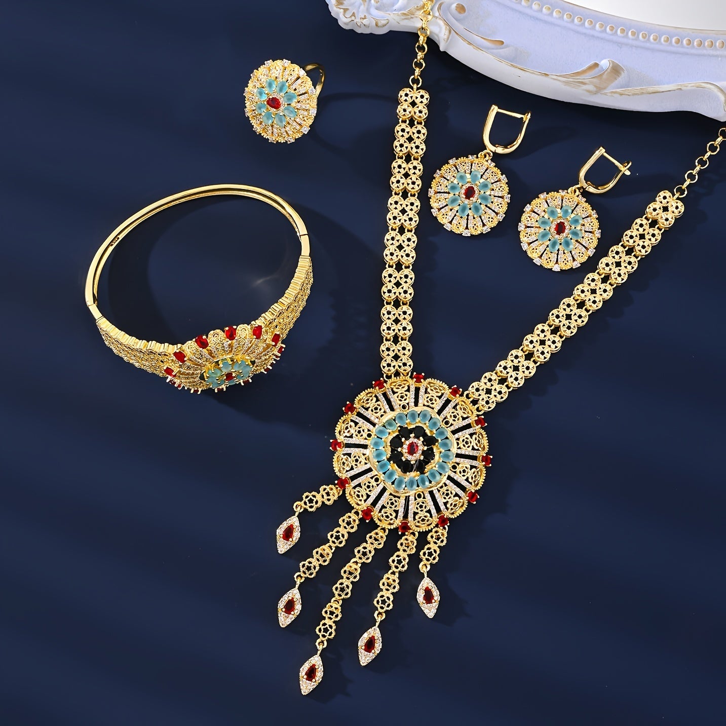 Vintage Arabian Style MEIZ Jewelry Set - Includes Earrings, Necklace, Bracelet, and Ring - 18K Golden Plated with Synthetic Cubic Zirconia and Copper - Perfect for Daily Wear, Holidays, Parties, Carnivals, and All-Season Accessorizing