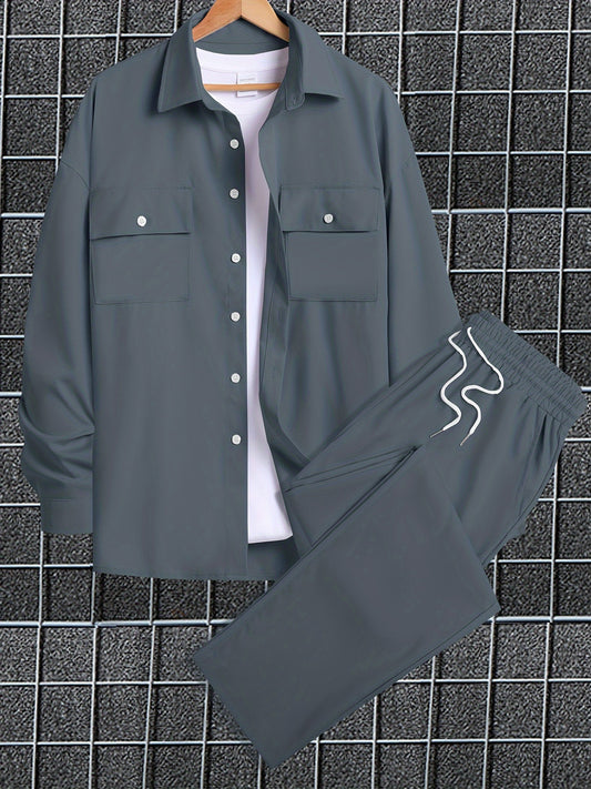 Men's plus size solid shirt and pants set for fall/winter