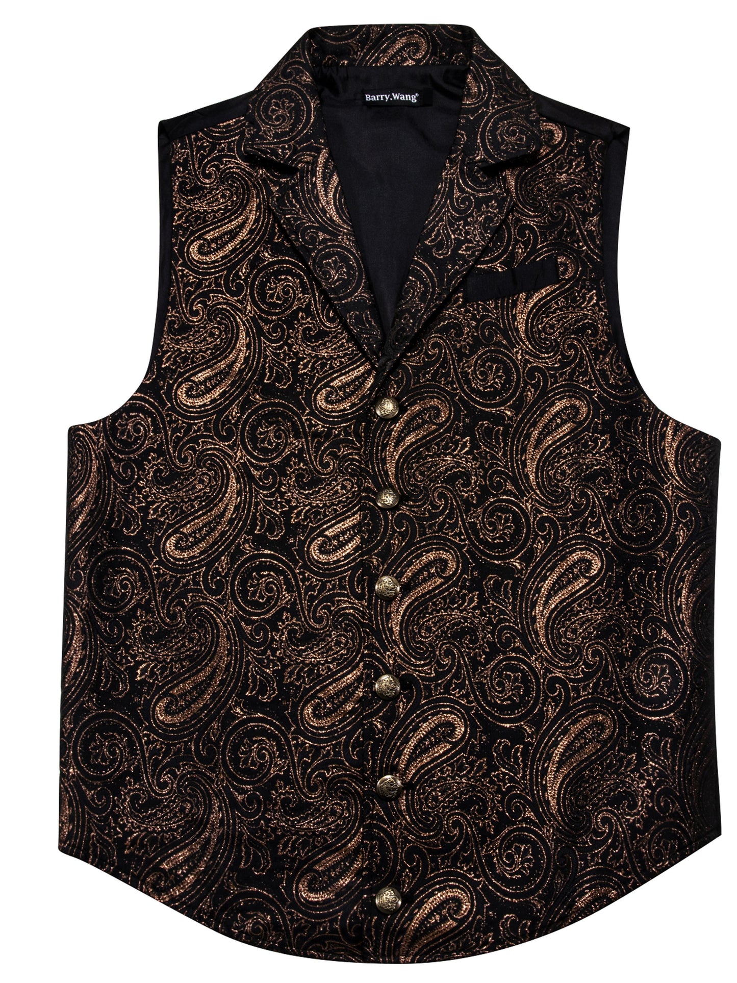 Large green satin jacaquard floral suit vest with tailored collar and copper buttons, suitable for Victorian steampunk and gothic themed events.