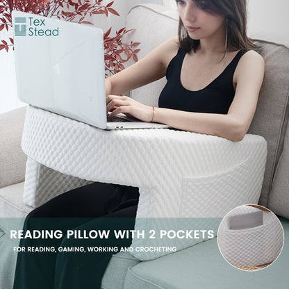 XL Reading Pillow with Arm Rest, Bed Support for Gaming and Work, Washable Cover, Quilted Polyester-Polyethylene Blend, Gray, for Bed Reading.