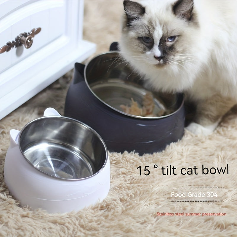 Raised stainless steel cat feeder bowl with non-slip base for neck protection, holds 100ml of food or water.